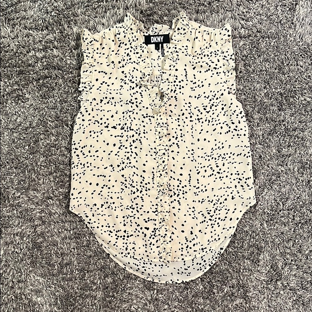 DKNY CREAM RUFFLED BUTTON DOWN SHIRT WITH MANDARIN COLLAR